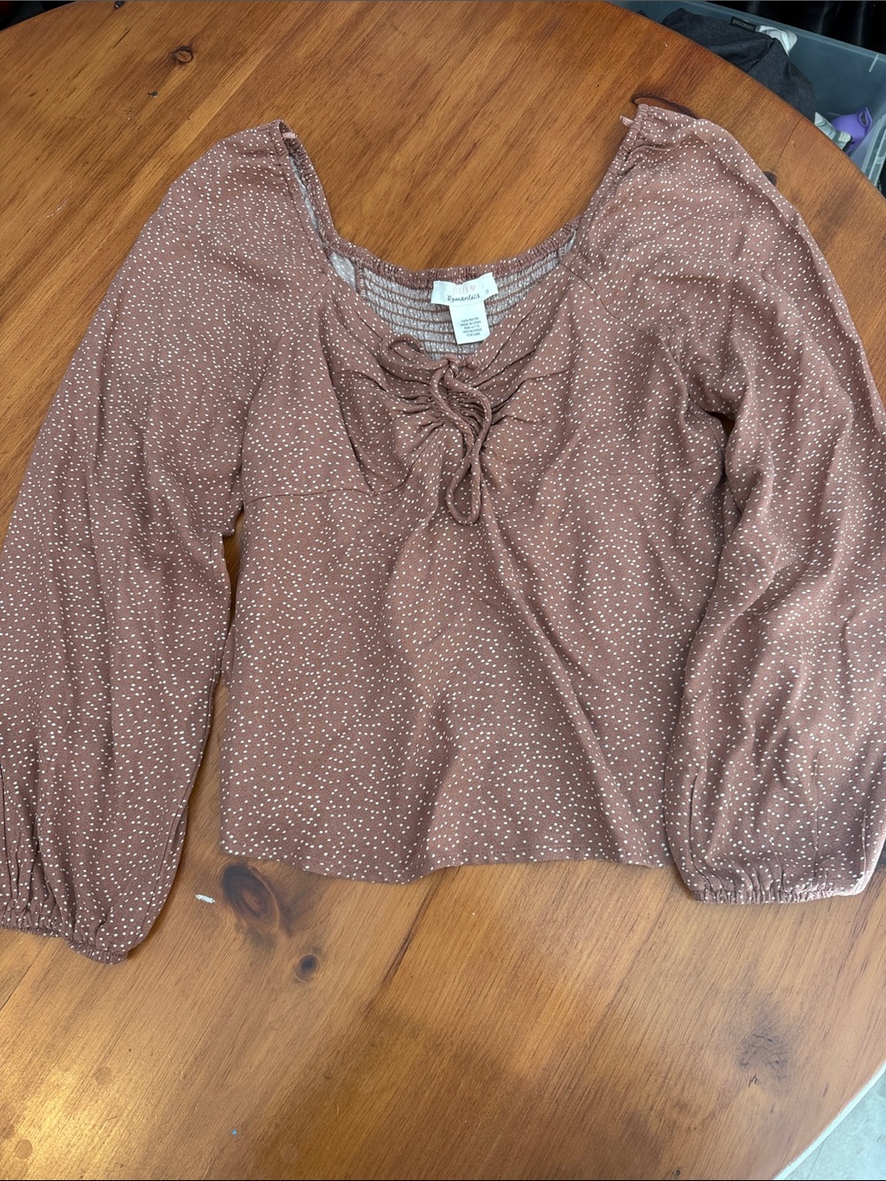 Universal Thread Dusty Brown Dot Tie-Front Long Sleeve Blouse
